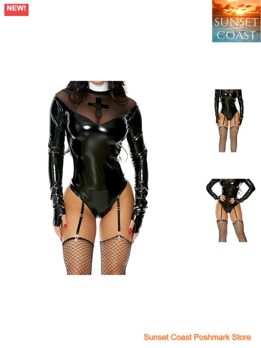 Women's Holy Chic Nun Costume Bodysuit Collar Headband Halloween Cosplay